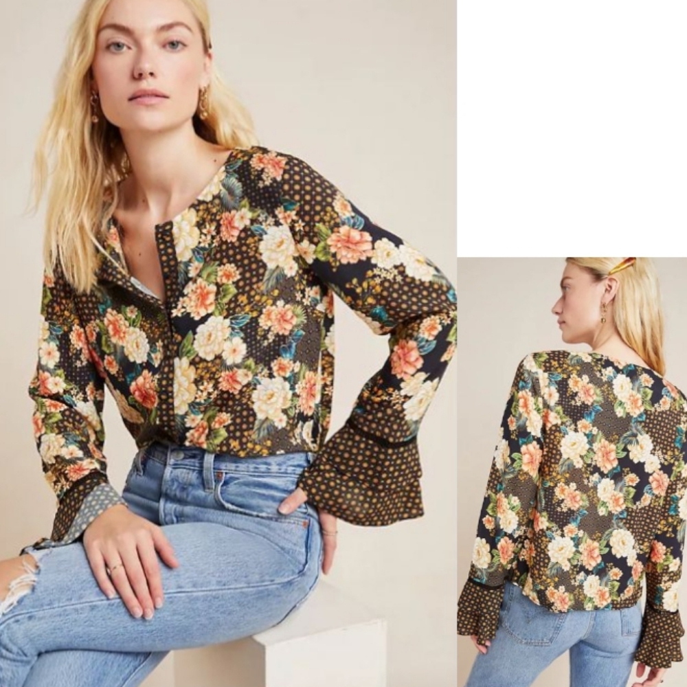 Farm Rio Anthropologie Siobhan Blouse Bell Sleeve - Picture 2 of 9